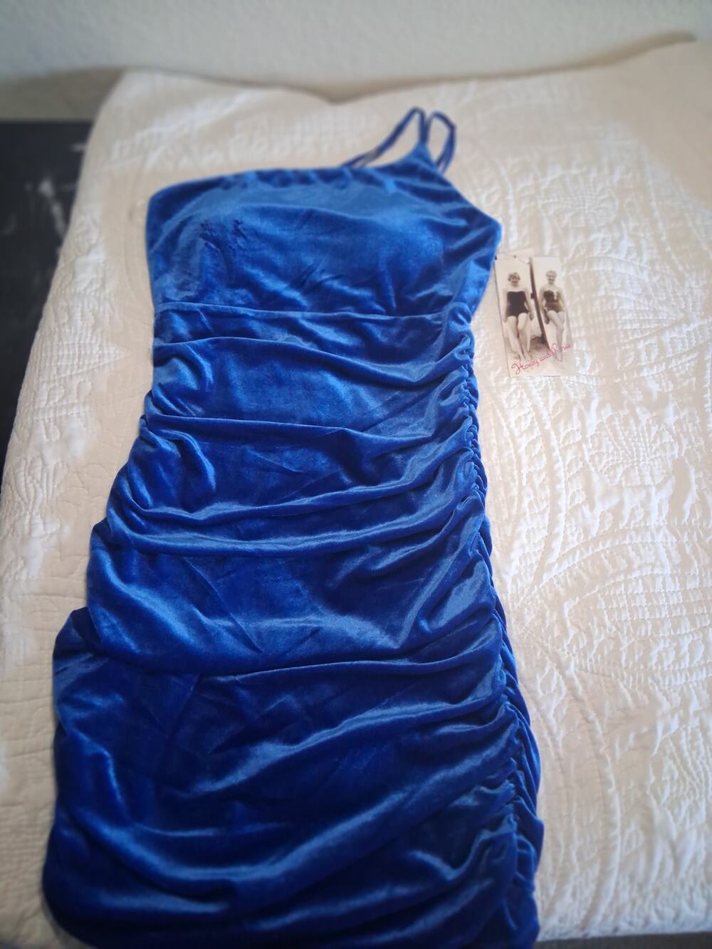 Honey and Rosie Velvet Drape Neck Ruched Bodycon Blue velvet dress Size M NWT